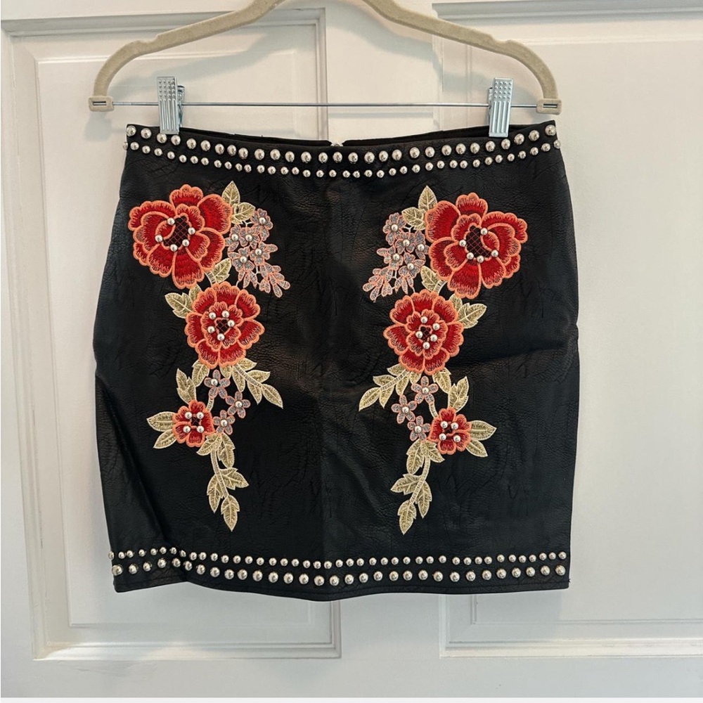 Embroidered Floral Leather Miniskirt